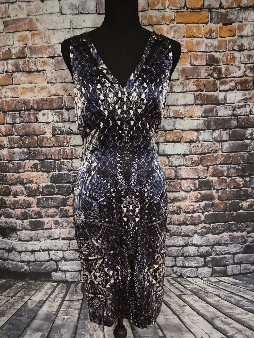 Y2K Vintage Roberto Cavalli Silk Black & Blue Geometric Sleeveless Dress Size 42